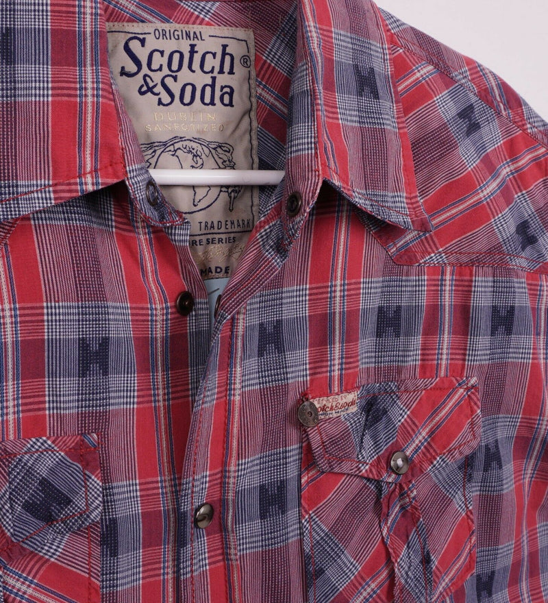 Scotch & Soda Men's Small Pearl Snap Red Blue Plaid Western Long Sleeve Shirt