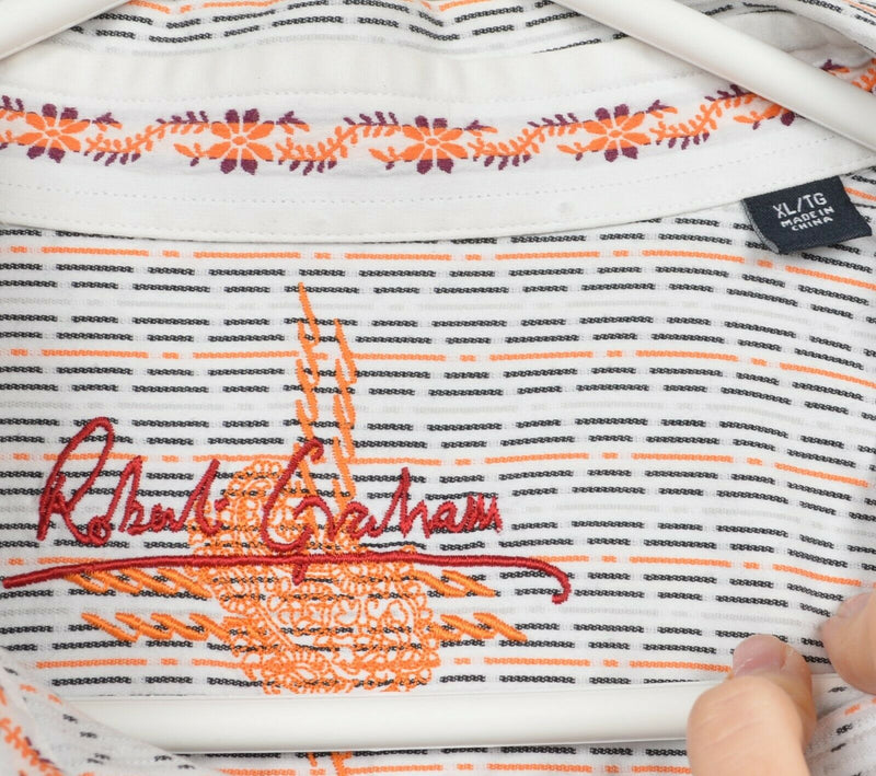 Robert Graham Men's XL Flip Cuff White Orange Geometric Striped Designer Shirt