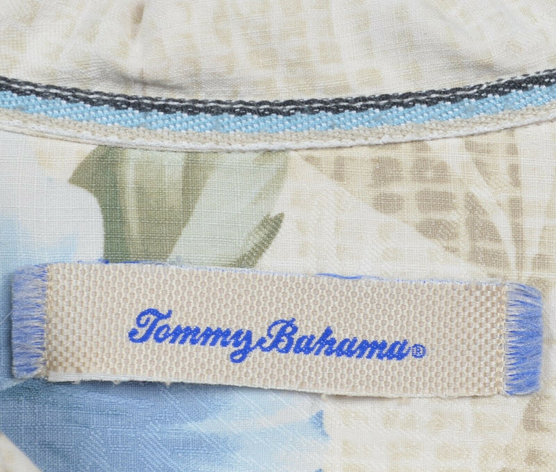 Tommy Bahama Men's XL 100% Silk Floral White Blue Hawaiian Aloha Camp Shirt