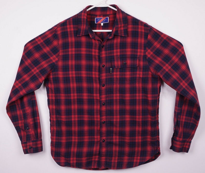 Best Made Co. Men's Large Red Navy Blue Plaid Axe Tag Elbow Pad Button Shirt