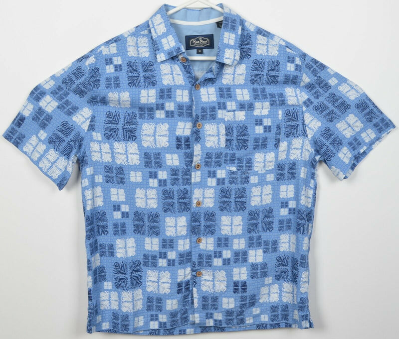Nat Nast Men's Medium Silk Blend Blue Geometric Hawaiian Bowling Retro Shirt