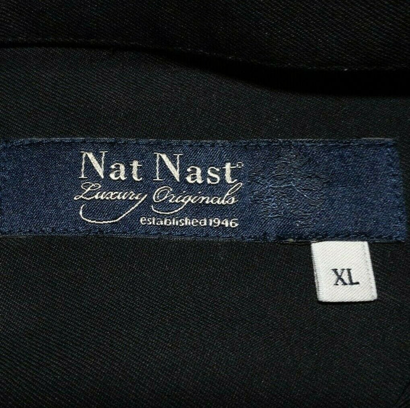 Nat Nast Silk Shirt XL Men's Hawaiian Bowling Panel Retro Diamond Blue Black