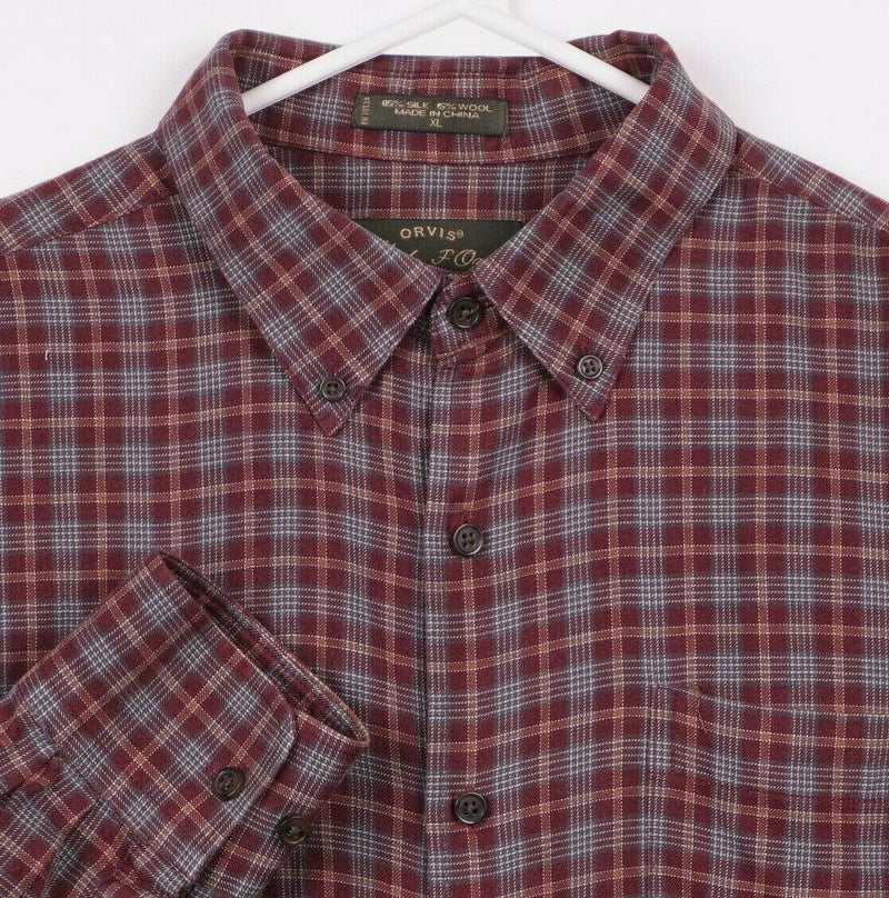 Orvis Signature Men's XL Silk Wool Blend Red Plaid Flannel Button-Down Shirt