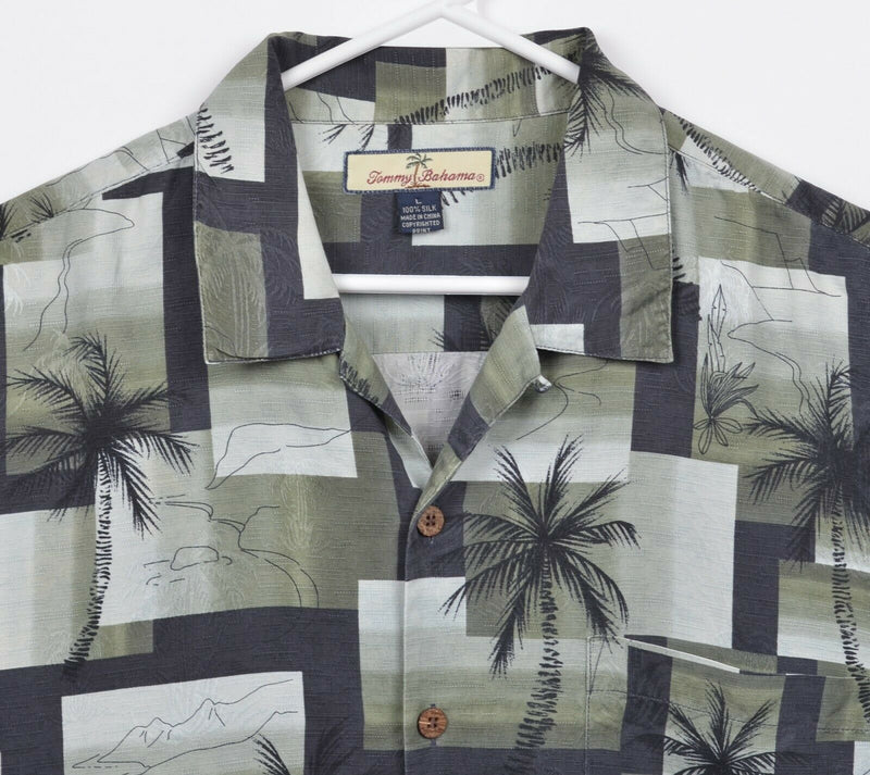 Tommy Bahama Men's Large 100% Silk Palm Tree Floral Green Black Hawaiian Shirt