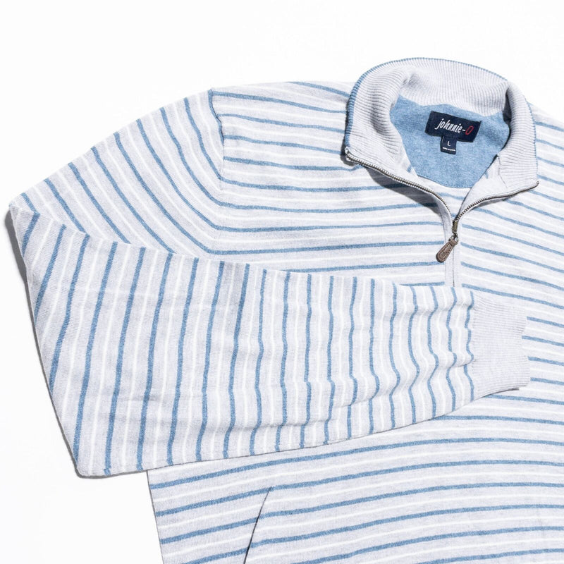 Johnnie-O Sweater Mens Large 1/4 Zip Pullover Knit White Stripe Cotton Silk
