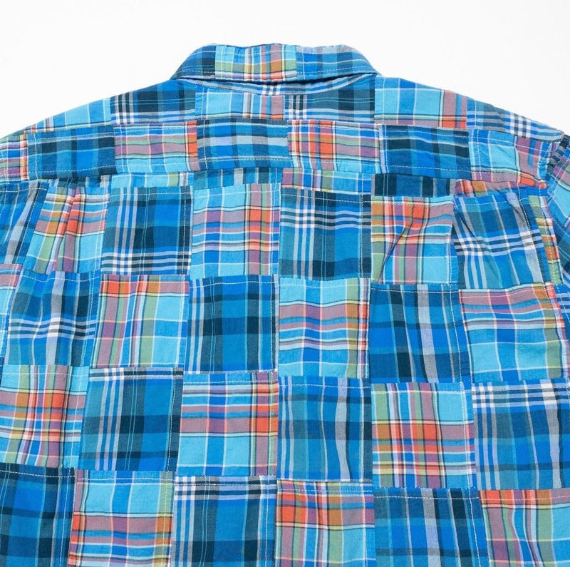 L.L. Bean Patchwork Shirt Medium Men's Blue Plaid Short Sleeve Button-Front
