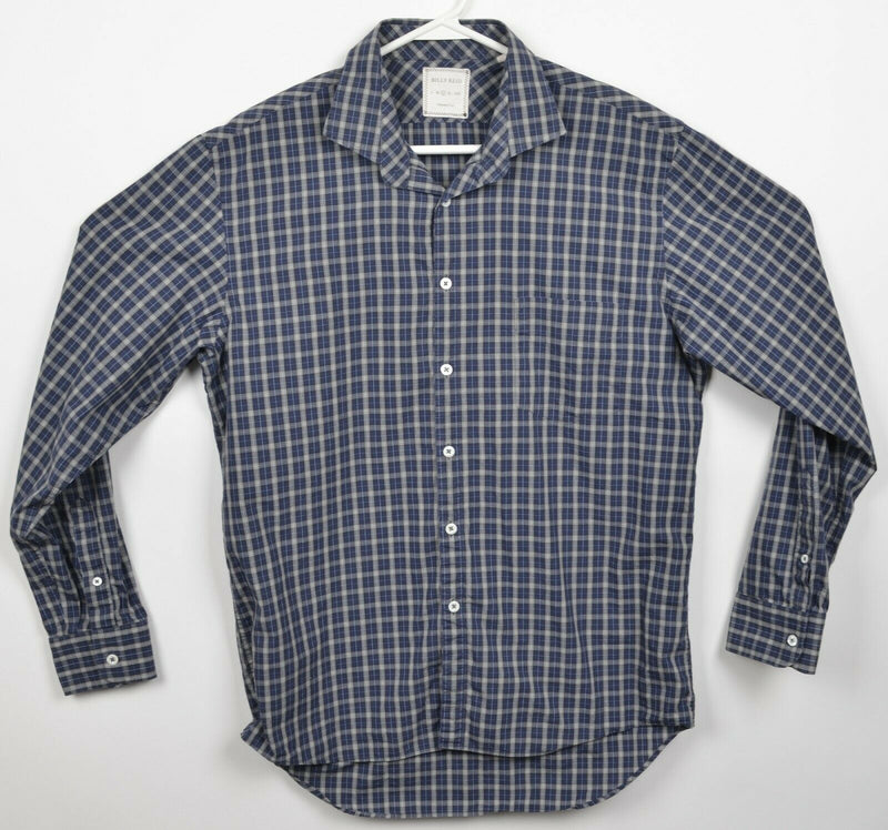 Billy Reid Men's Large Standard Cut Navy Blue Gray Check Spread Collar Shirt