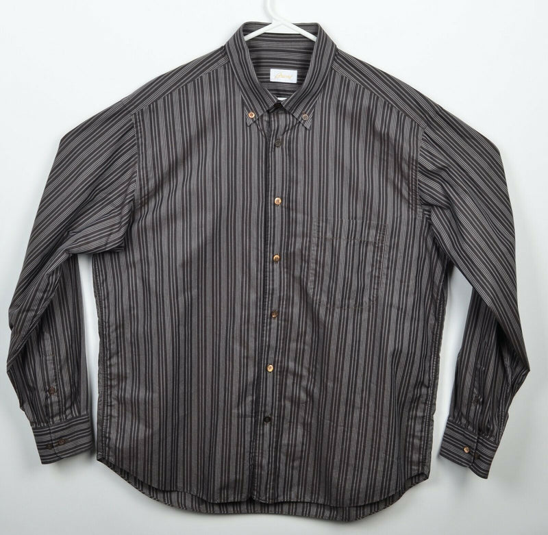 Brioni Men's 18? Brown Striped Made in Italy Designer Button-Down Dress Shirt