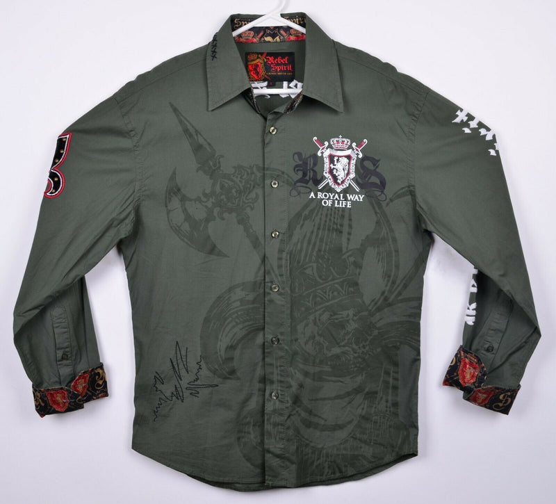 Rebel Spirit Men's Large Skull Flip Cuff Royal Way Embroidered Green Shirt