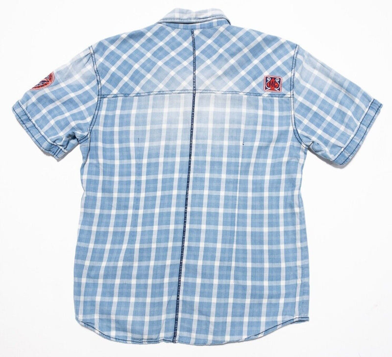 Affliction Shirt Mens XL Slim Fit Blue Check Distressed Rockabilly Motors Patch