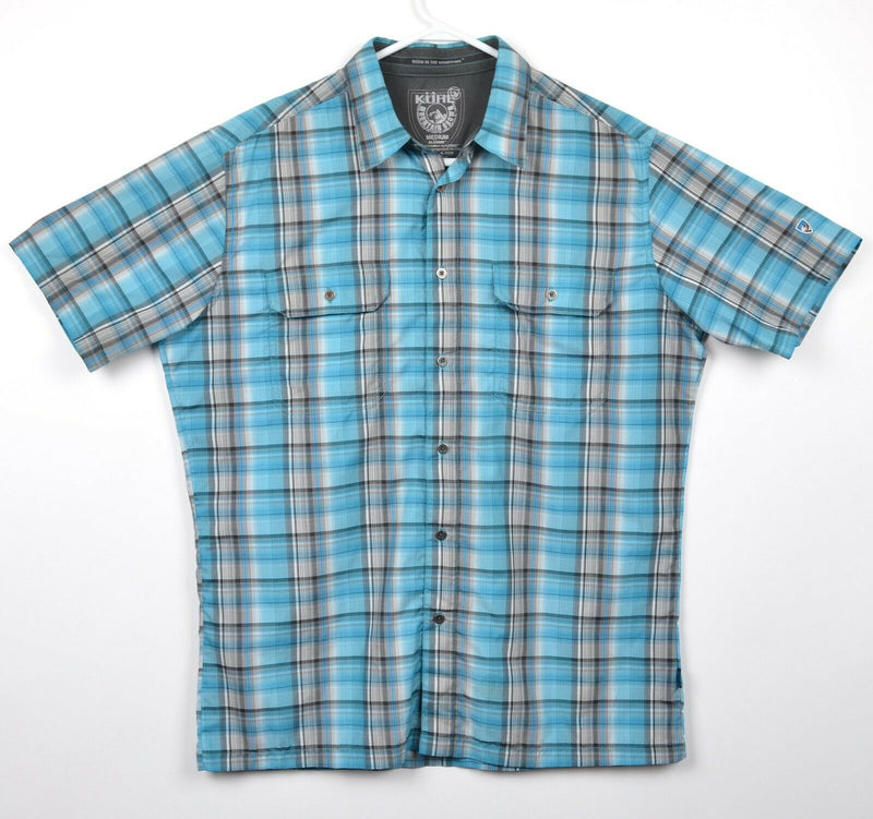 Kuhl Eluxur Men's Sz Medium Blue Gray Plaid Ionik Hiking Short Sleeve Shirt