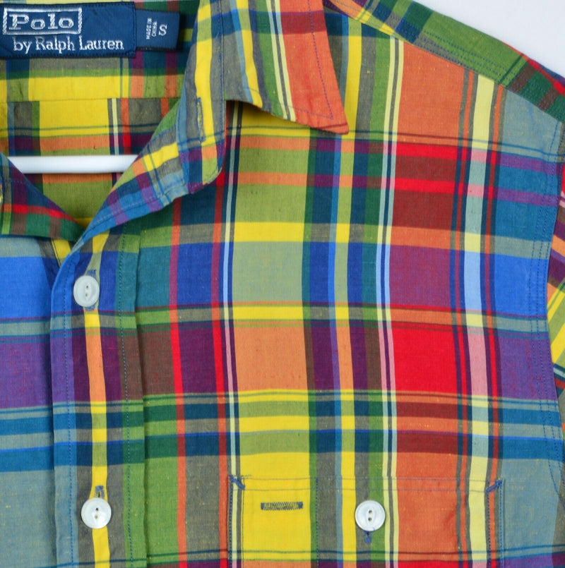 Polo Ralph Lauren Men's Small Linen Silk Blend Colorful Plaid Yellow Red Shirt