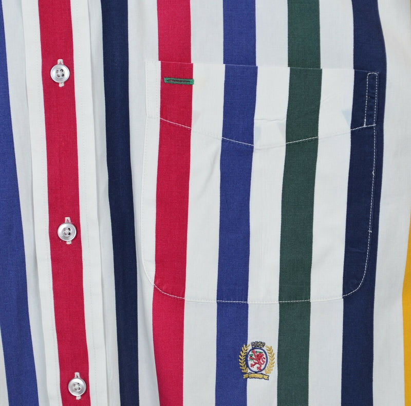 Vintage 90s Tommy Hilfiger Men's Medium Multi-Color Striped Lion Crest Shirt
