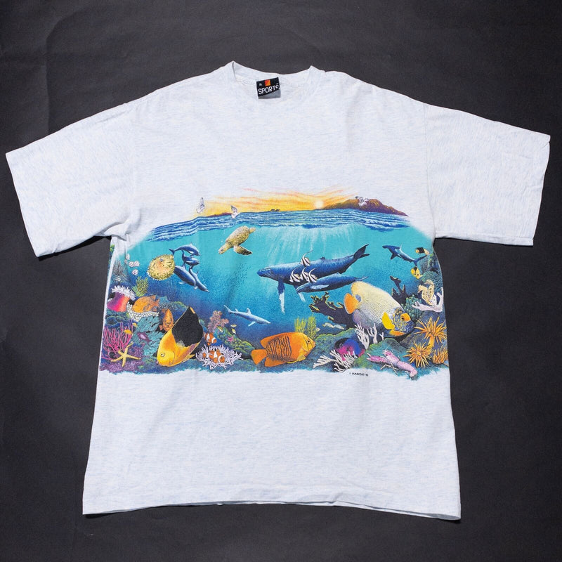Vintage Habitat T-Shirt Men's XL Aquatic Dolphin Fish Wrap-Around Gray 90s