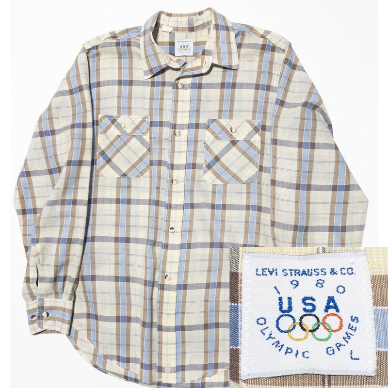 Levi's 1980 Olympics Shirt Men's Large Button-Up Plaid Long Sleeve Yellow Blue