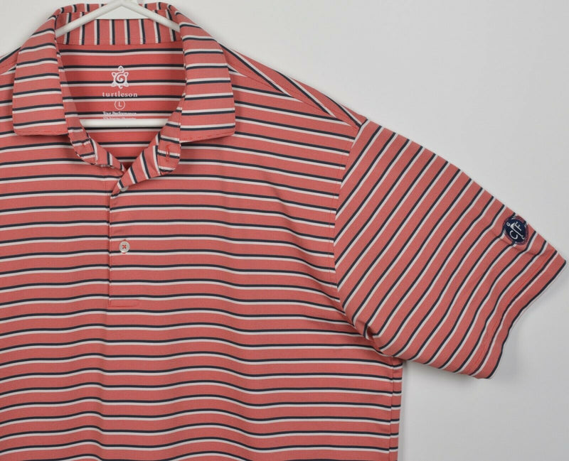 Turtleson Tour Performance Men's Large Pink/Red Striped Wicking Golf Polo Shirt