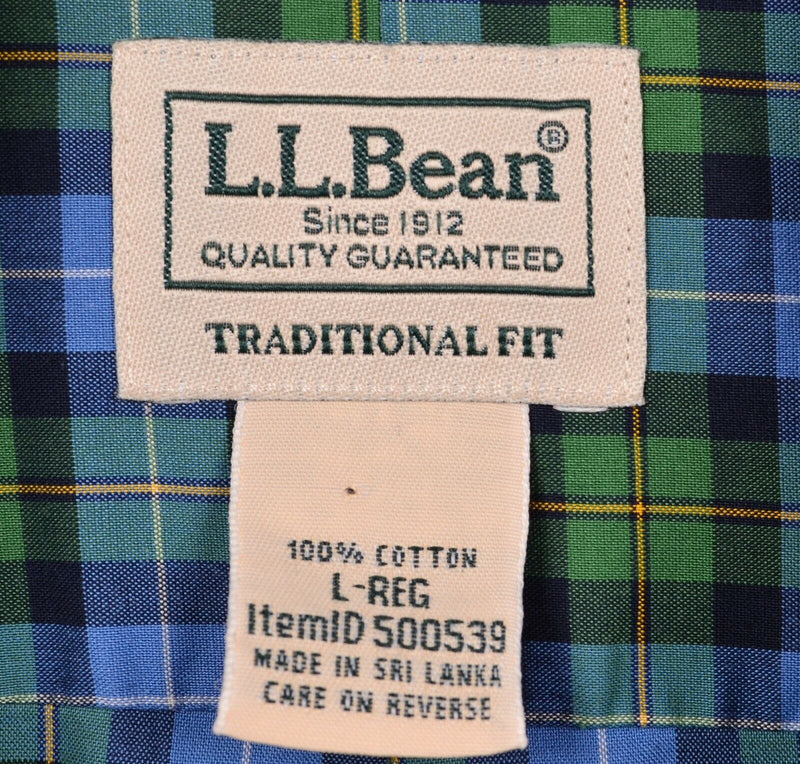 L.L.Bean Men's Large Traditional Fit Green Blue Tartan Plaid Button-Down Shirt