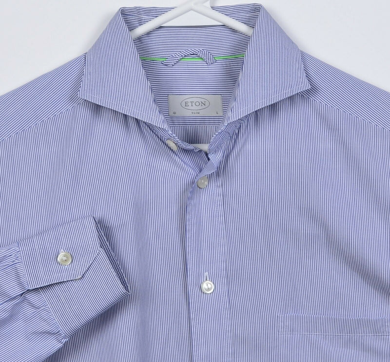 ETON Men's Large/41 Slim Fit Blue Pinstriped Spread Collar Dress Shirt