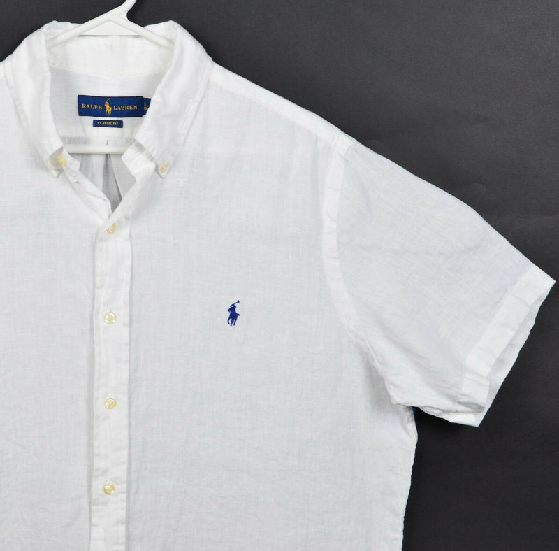 Polo Ralph Lauren Men Large Classic Fit 100% Linen Solid White Button-Down Shirt