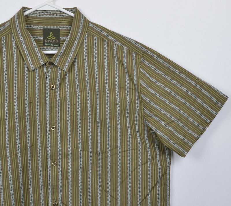 Prana Men's XL Green Striped Organic Cotton Polyester Short Sleeve Button Shirt