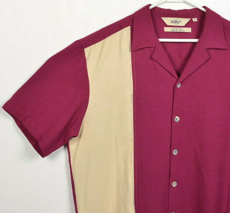 DaVinci Charlie Sheen Men's XL Pink Beige Panel Bowling Hawaiian Camp Shirt