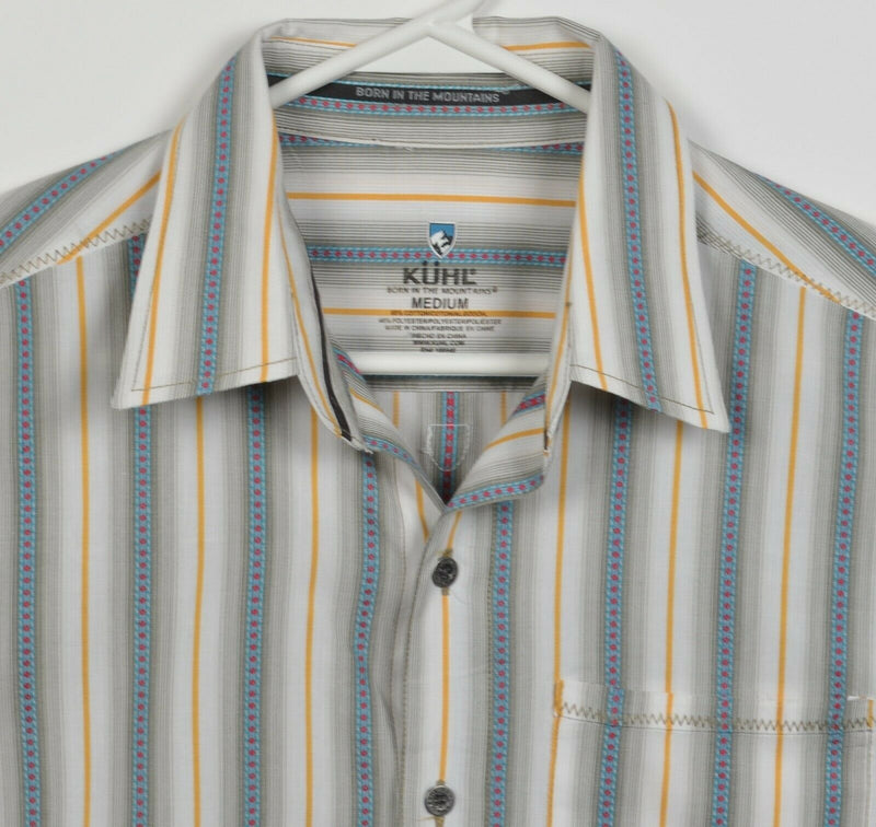 Kuhl Men's Medium Blue Yellow Striped Hiking Outdoor Travel Button-Front Shirt