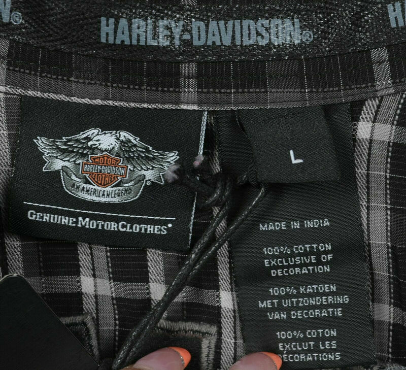 Harley-Davidson Men's Large Flames Black Plaid Garage Mechanic Biker Shirt