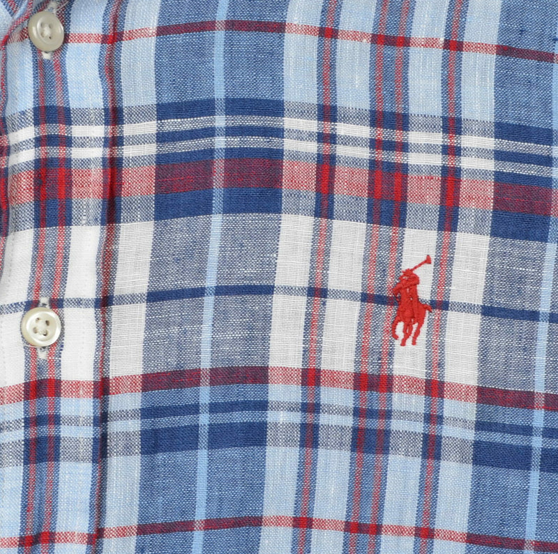 Polo Ralph Lauren Men's Small 100% Linen Blue Red Plaid Button-Down Shirt