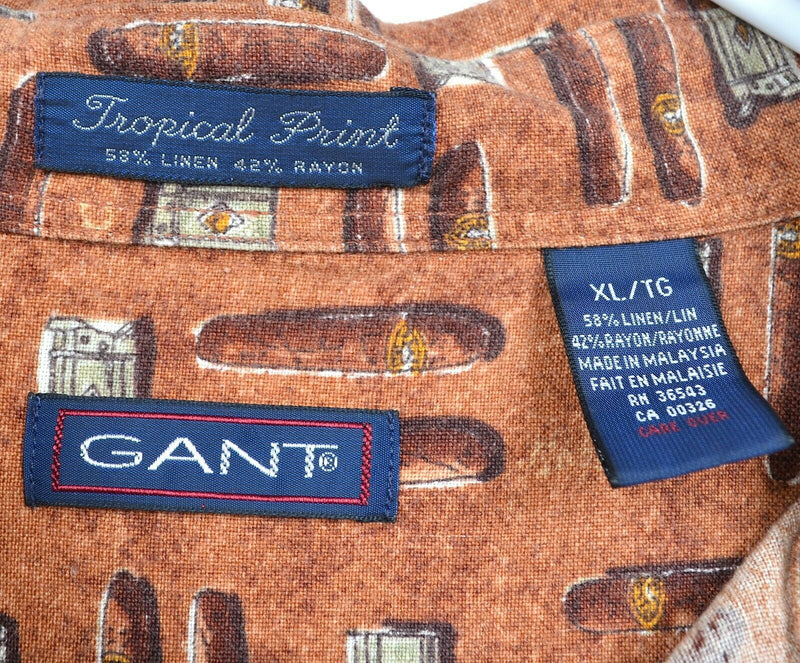 GANT Men's Sz XL Cigars Lighters Pattern Linen Rayon Blend Tropical Print Shirt