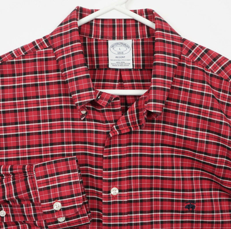 Brooks Brothers Men's Large Red Plaid Sheep Logo Non-Iron Button-Down Shirt