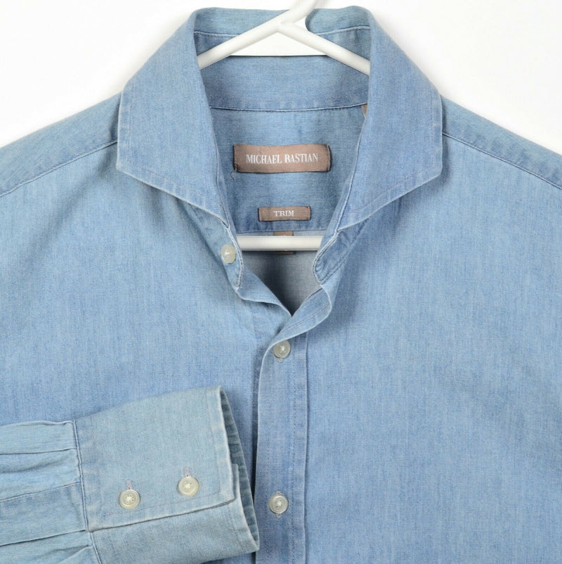 Michael Bastian Men's 15.5 32/33 (Medium) Blue Denim Spread Collar Button Shirt