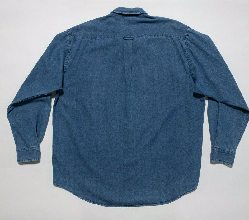 Vintage 90s Nautica Men's XL Denim Indigo Blue Sailboat Logo Button-Down Shirt