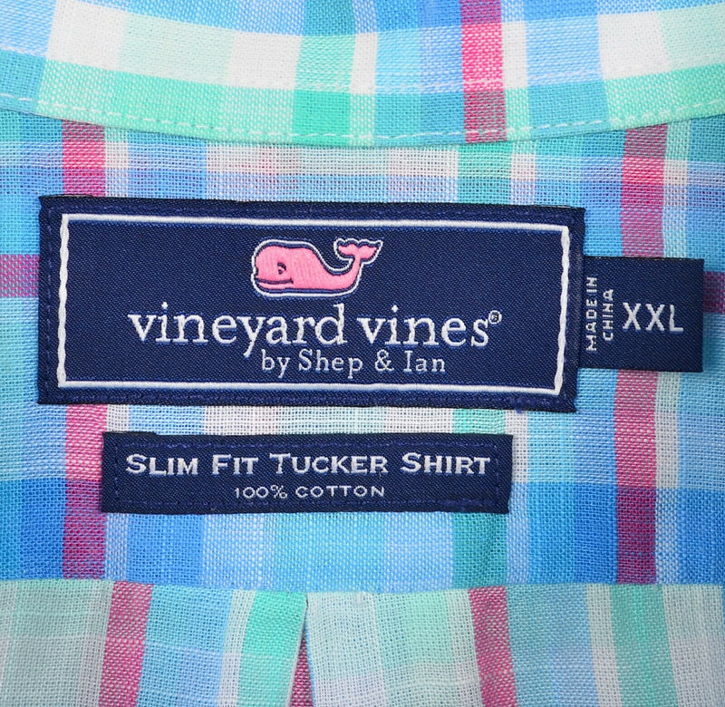 Vineyard Vines Men's 2XL Slim Fit Blue Green Red Plaid Whale Preppy Tucker Shirt