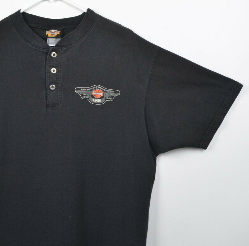 Vtg 90s Harley-Davidson Men's Sz XL 95th Anniversary Henley Collar Black T-Shirt
