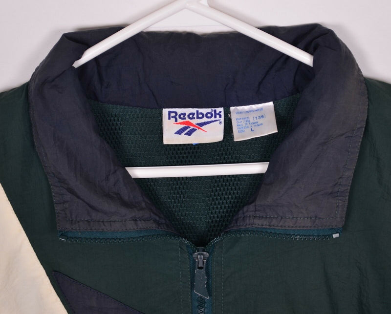 Vtg 90s Reebok Men's Sz Large Dark Green Big Logo Hooded Windbreaker Jacket