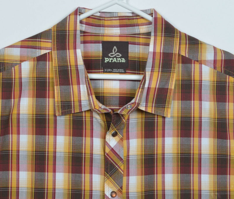 Prana Men's XL Pearl Snap Brown Golden Yellow Plaid Western Short Sleeve Shirt