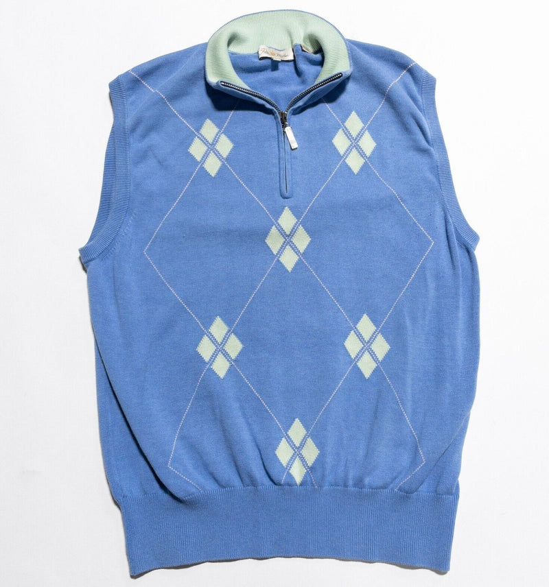 Peter Millar Sweater Vest Men's Large Silk Blend Argyle 1/4 Zip Pullover Blue
