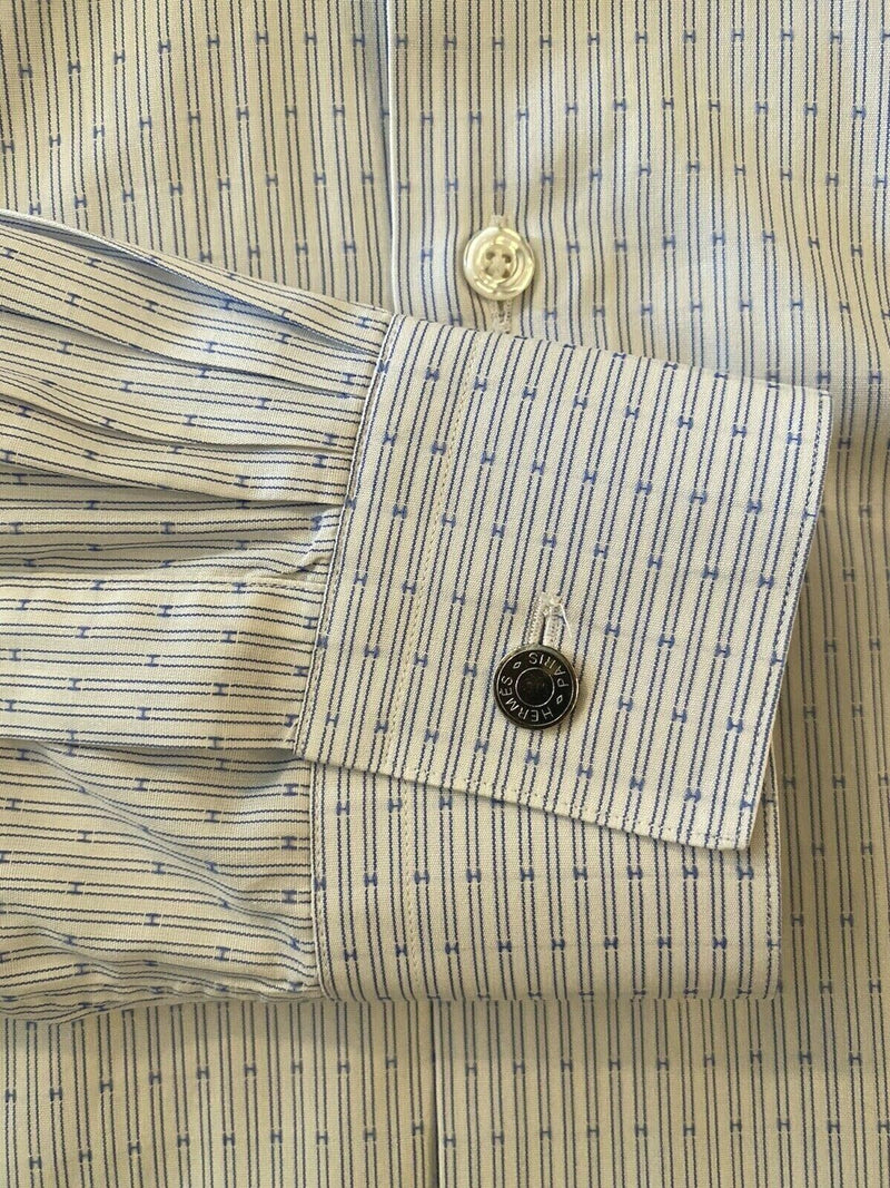 Hermes Men's Sz 16/41 Blue White Striped Made in France Button-Down Dress Shirt