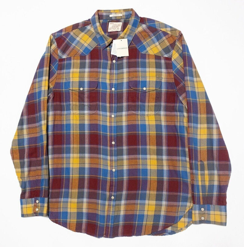 Lucky Brand Pearl Snap Shirt Large Men's Long Sleeve Colorful Plaid Gold Blue