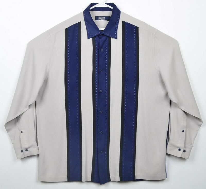 Nat Nast Men's XL 100% Silk Panel Bowling Gray Blue Striped Long Sleeve Shirt