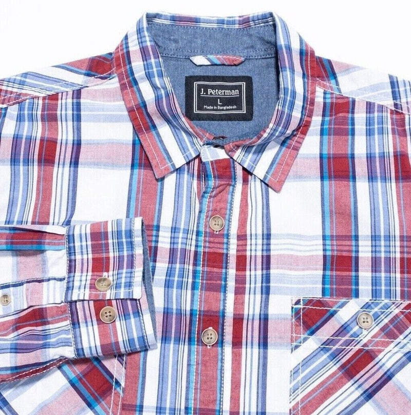 J. Peterman Shirt Large Men's Red Blue Plaid Long Sleeve Button-Front