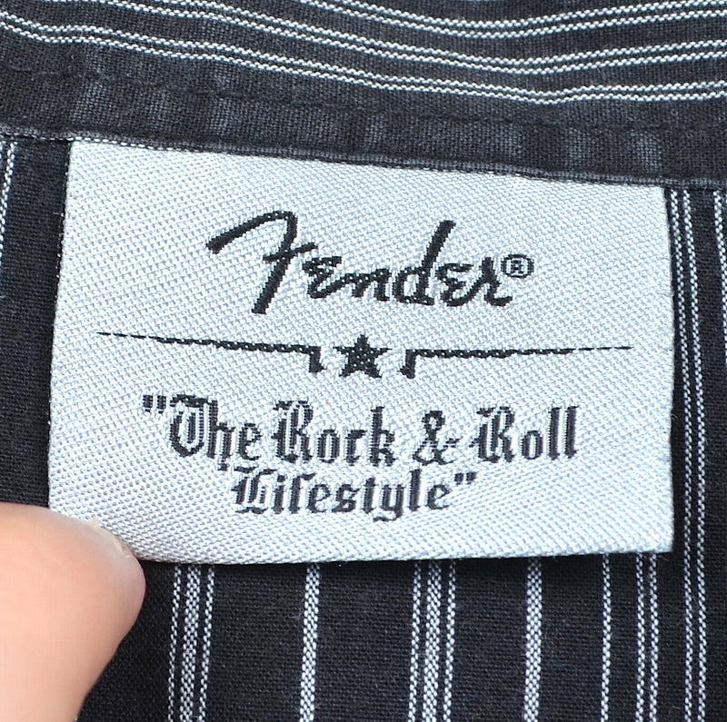 Fender Men's Sz Medium Skull Guitar Graphic Black Striped Button-Front Shirt