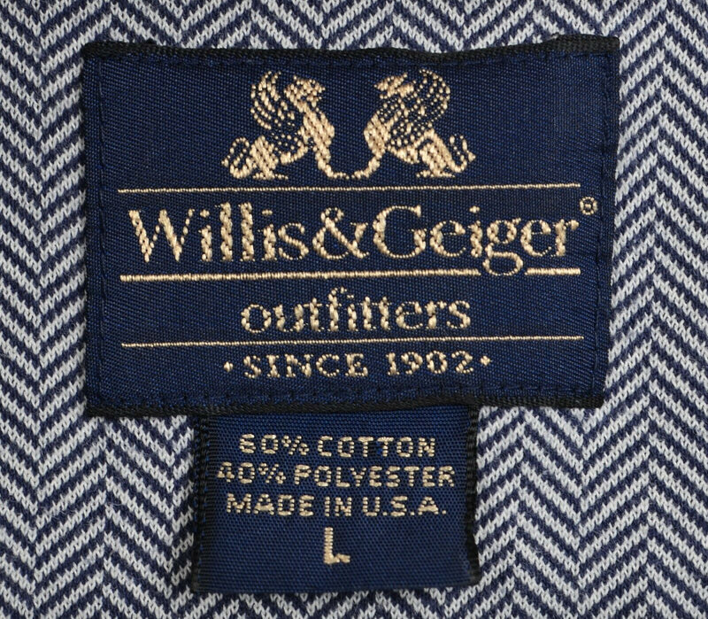 Vtg Willis & Geiger Men's Sz Large Navy Blue Herringbone Made in USA Polo Shirt