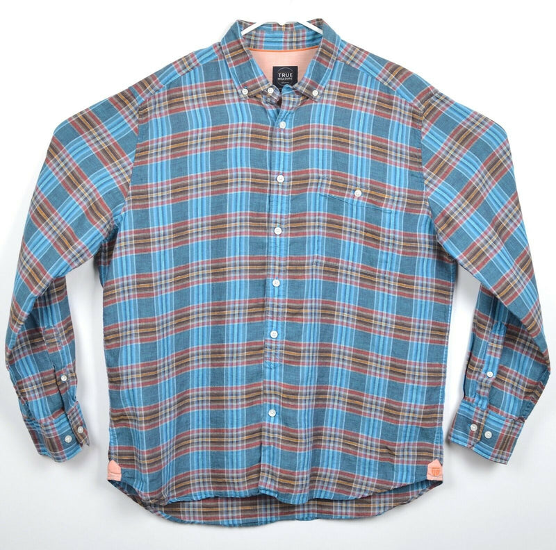 True Measure JL Powell Men's Sz Large 100% Linen Blue Plaid Button-Down Shirt