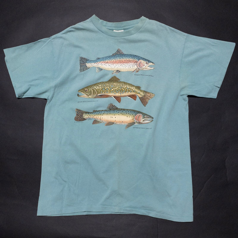 Vintage Fish T-Shirt Mens Large Teal Trout Single Stitch 90s Harborside Graphics