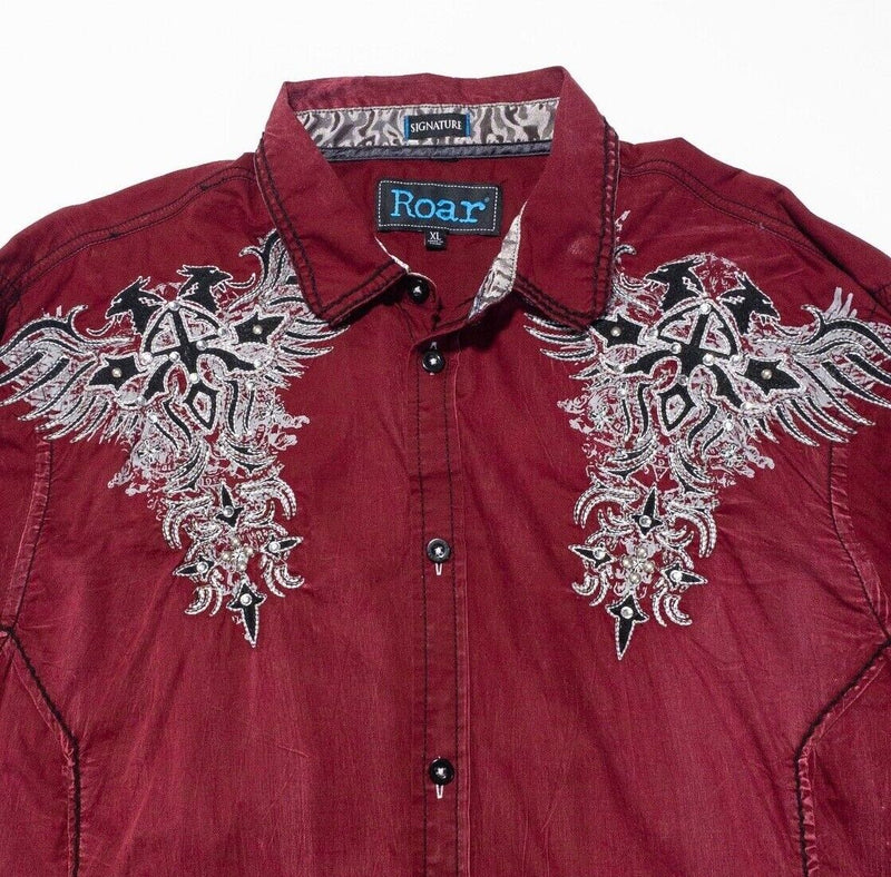 Roar Signature Shirt XL Men's Cross Wing Tribal Embroidered Red Long Sleeve