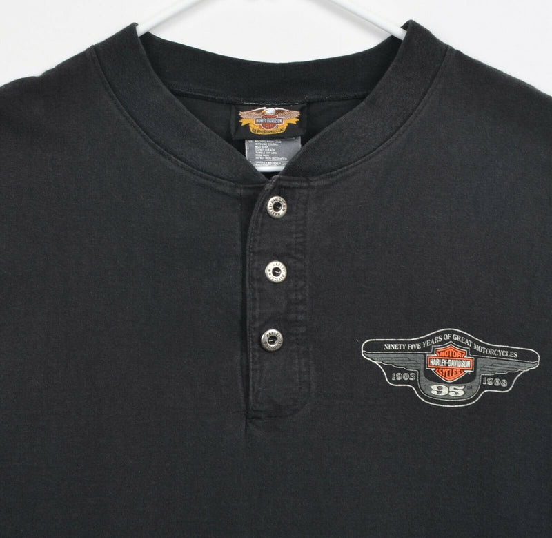 Vtg 90s Harley-Davidson Men's Sz XL 95th Anniversary Henley Collar Black T-Shirt