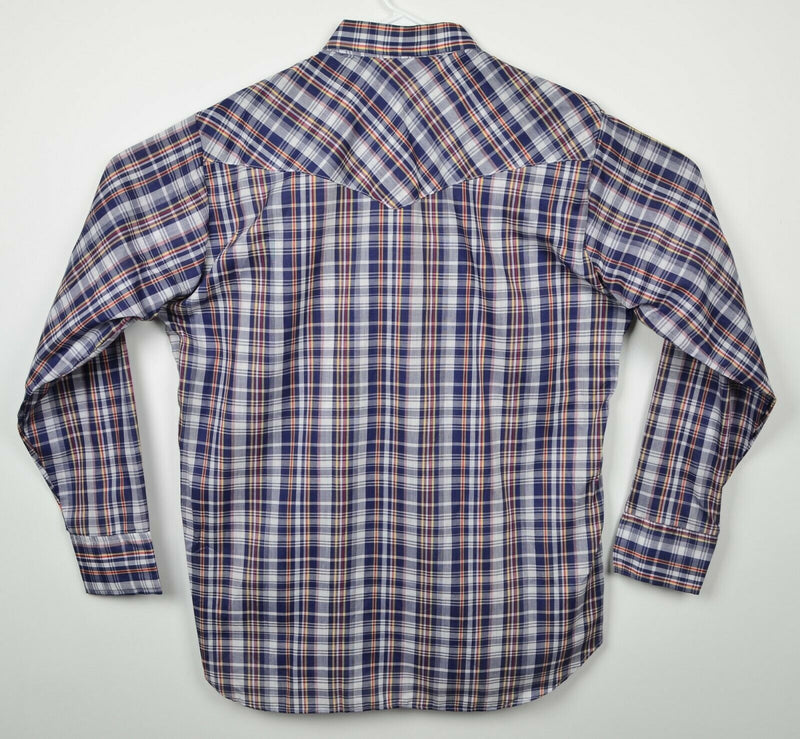 Vintage 80s Sears Men's XL (17-17.5) Pearl Snap Navy Blue Plaid Western Shirt