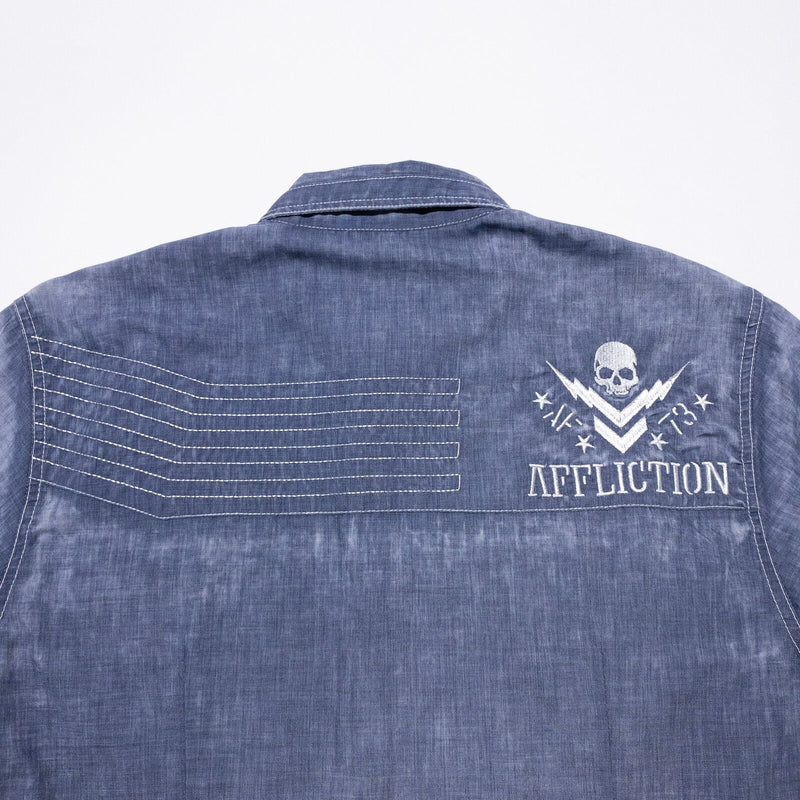 Affliction Button-Up Shirt Mens Medium Distressed Blue Live Fast Skull Y2K Skull