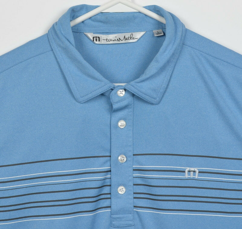 Travis Mathew Men's Large Blue Striped Logo Wicking Polyester Golf Polo Shirt